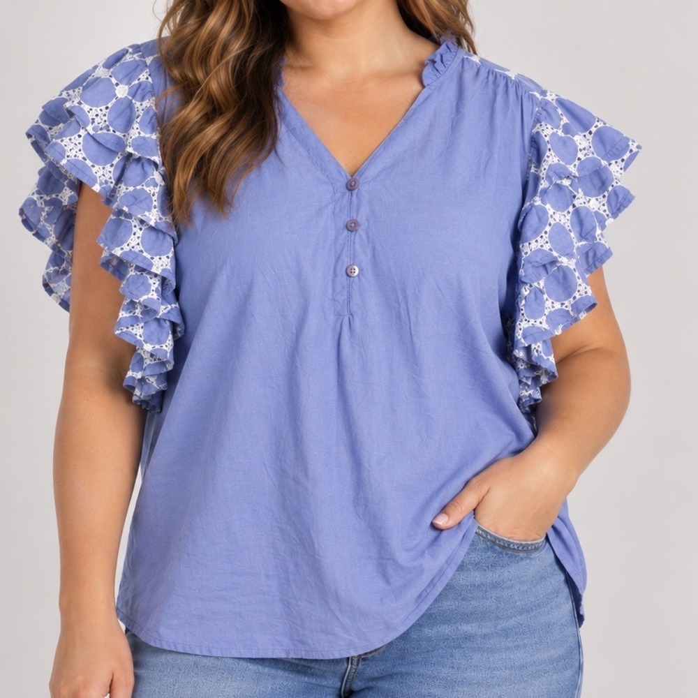 Mira Size Large Blue Cotton Eyelet Floral Ruffle Sleeve Blouse Cottagecore